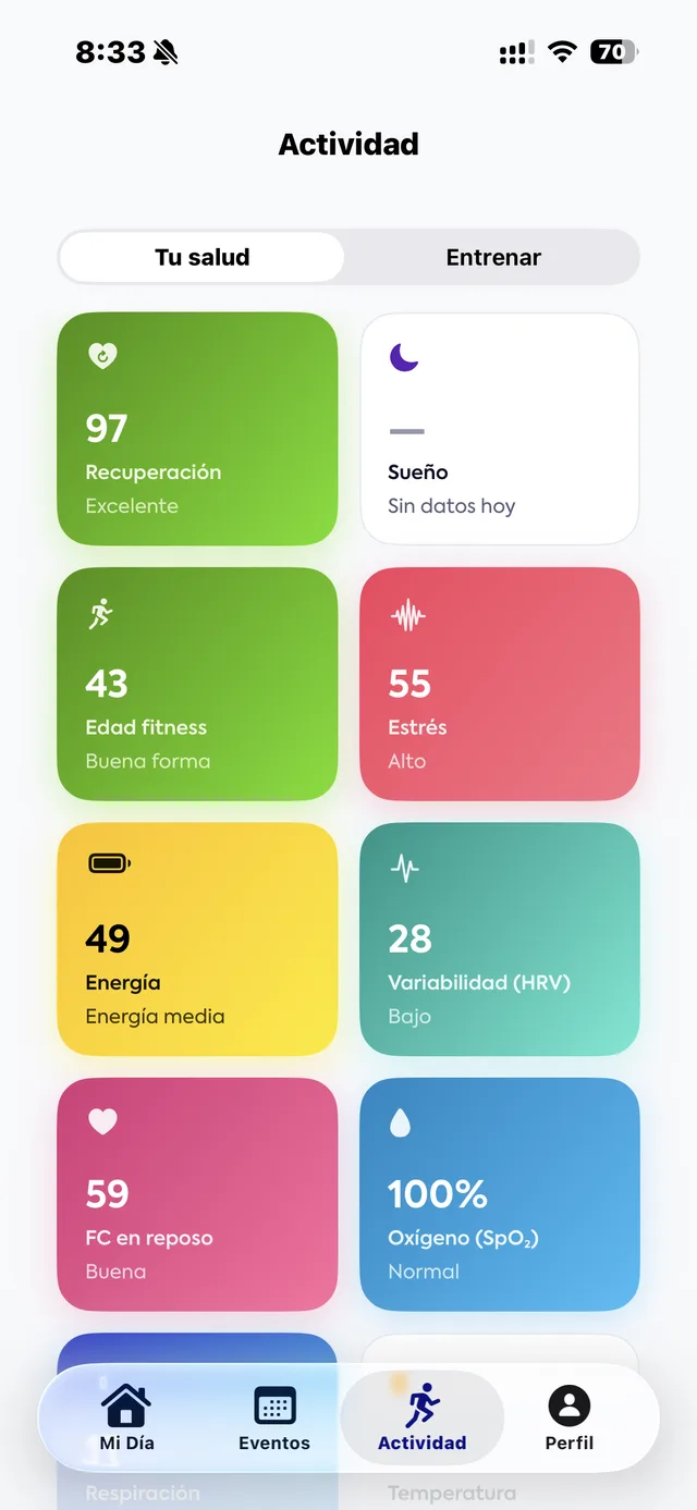 Pantalla Actividad con la matriz de salud